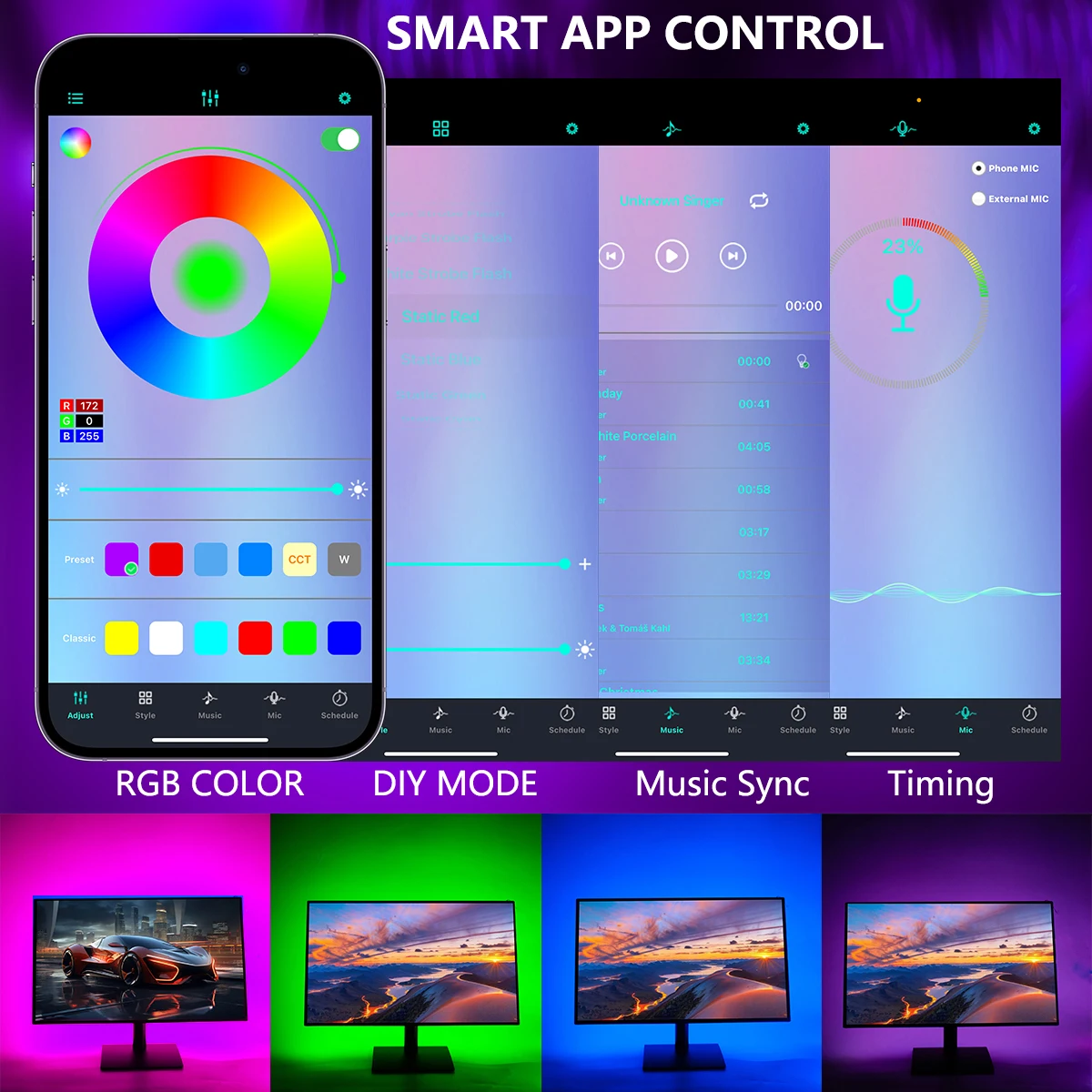 Smart 5V USB LED Strip Lights 24 Key Remote APP Control Music Sync RGB Color Bluetooth for Home Bedroom Decor Game TV Backlight