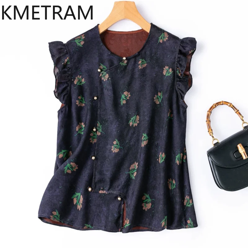 KMETRAM 100% Natural Mulberry Silk Women's Tanks Xiangyun Sha Floral Vest Ruffle Sleeve Summer Tops for Woman Clothing 2026 топ