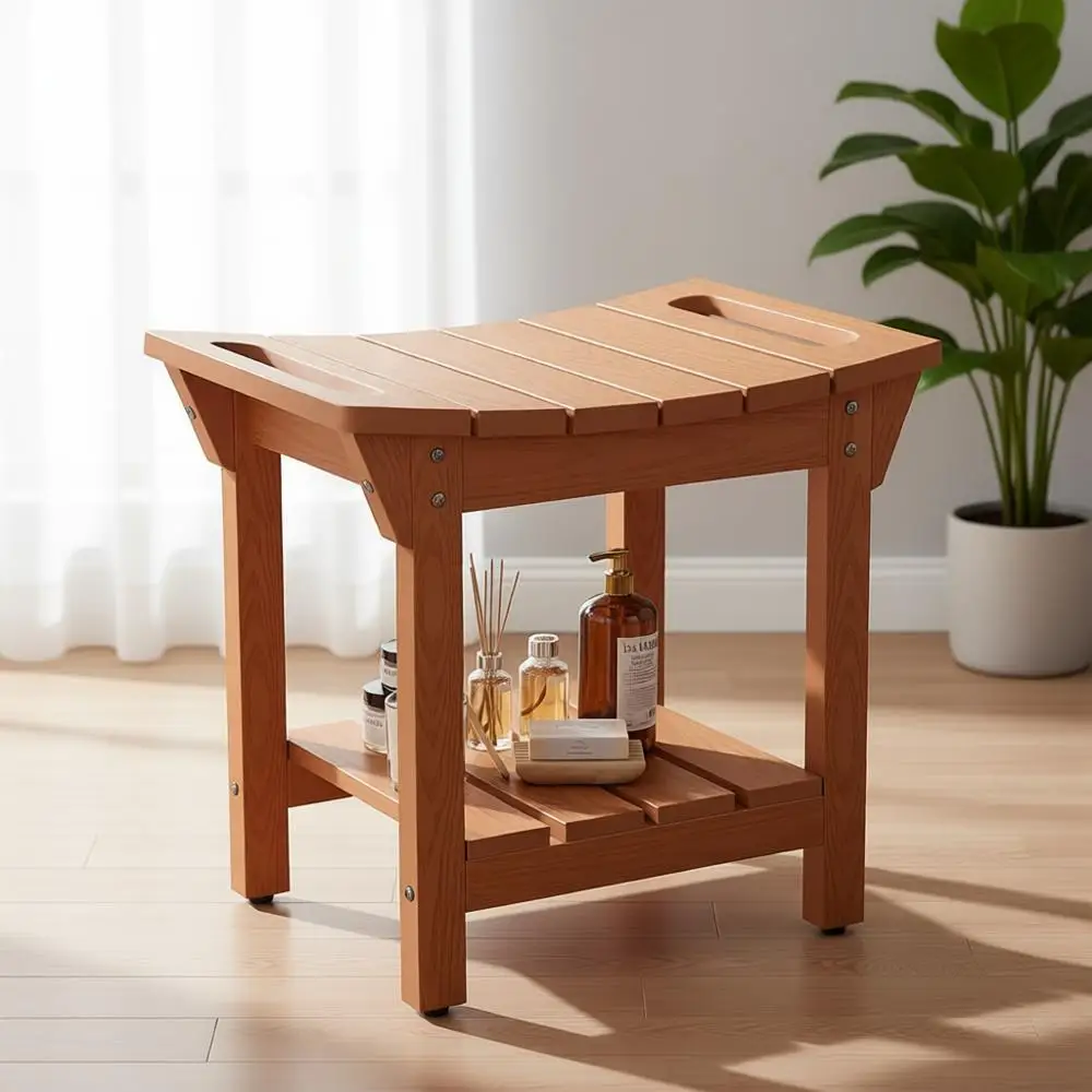 

Non-Slip Shower Bench with Storage Shelf and Handles, Brown