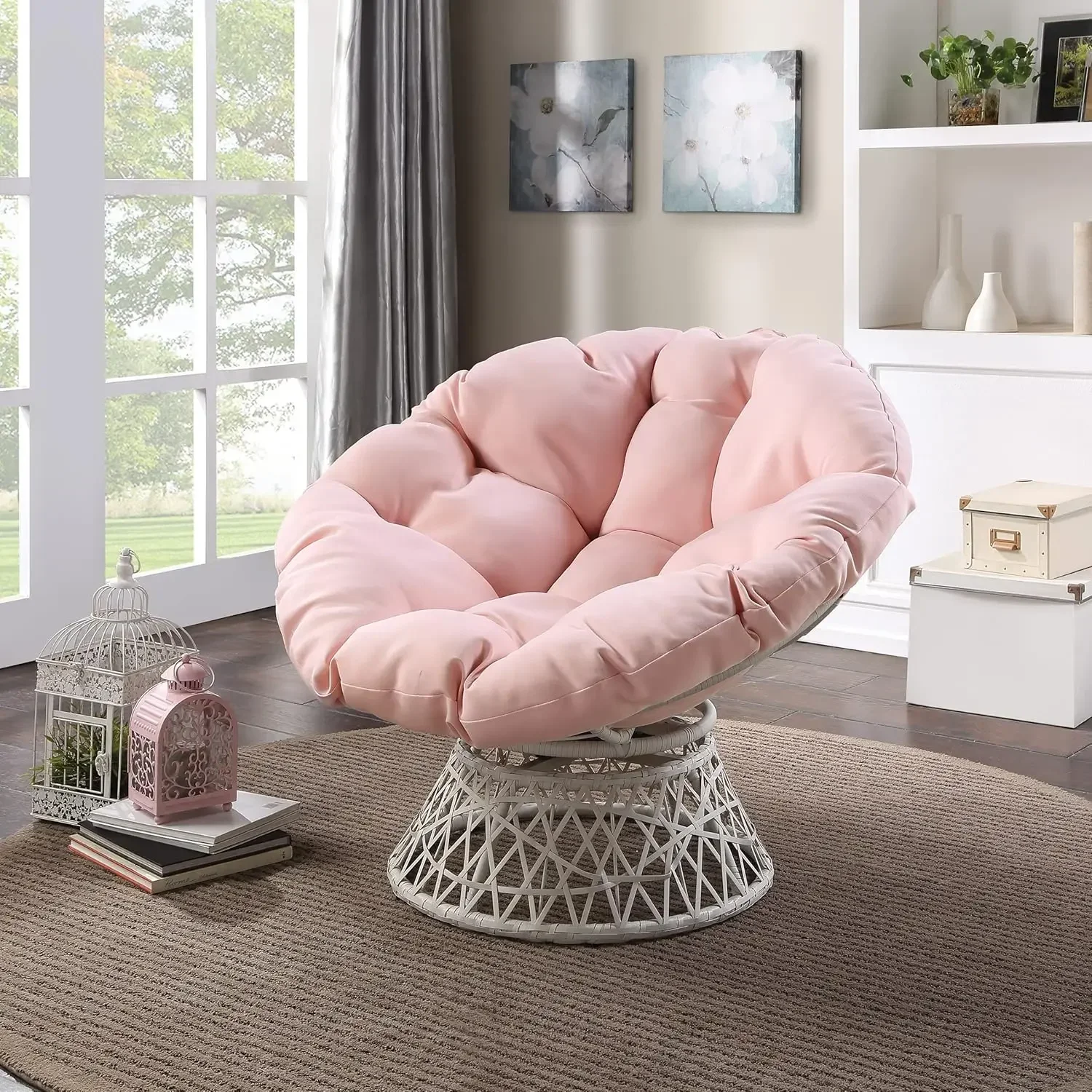 Home Sofa Wicker Papasan Chair with 360-Degree Swivel, Cream Frame with Pink Cushion