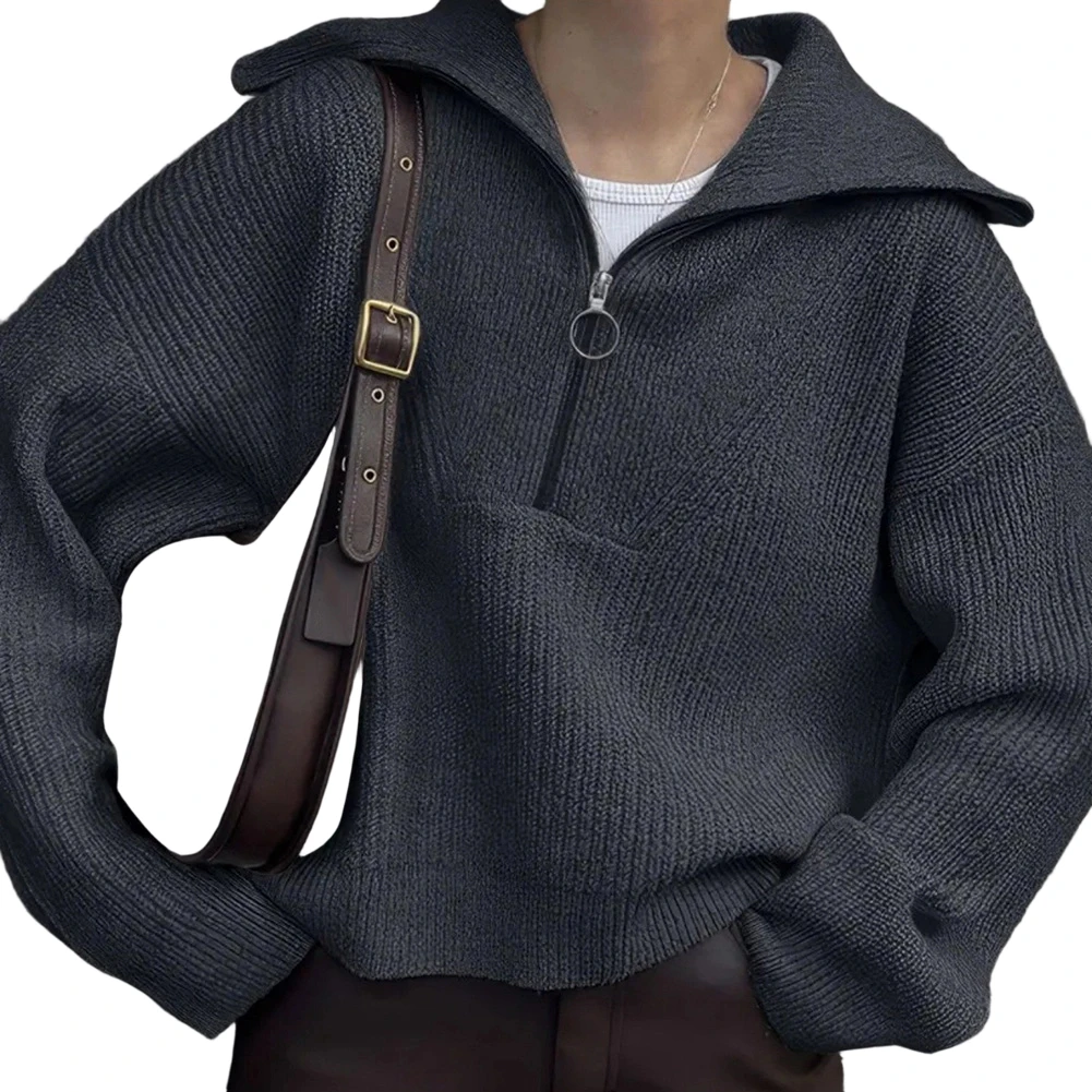 Solid Color Casual Sweater for Women with Lapel Collar Long Sleeves Loose Fit Pullover Suitable for Various Seasons