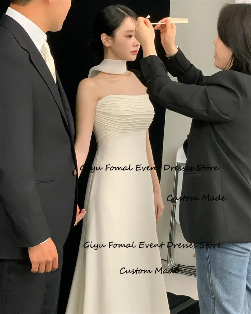 Giyu Elegante Plooien Zijde Satijn Trouwjurken Korea Fotoshoot Scalf Strapless Vloer Lengte Bruidsjurken Korset Terug