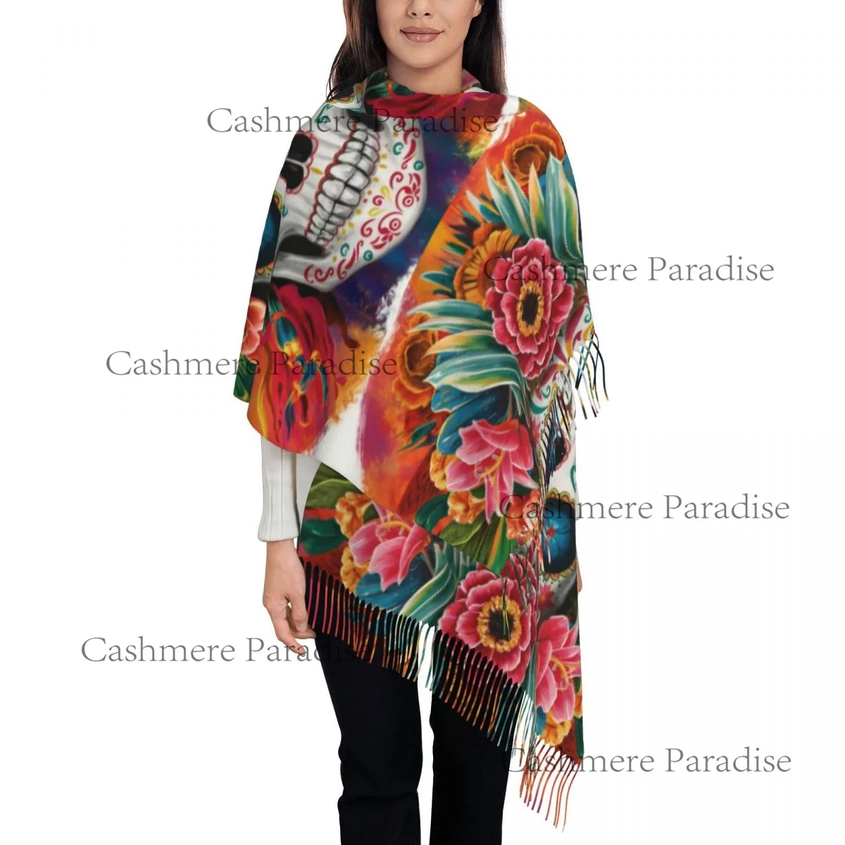 Mexican Catrina Girl Day Of The Dead Sugar Skull Women's Pashmina Shawl Wraps Fringe Scarf Long Large Scarf