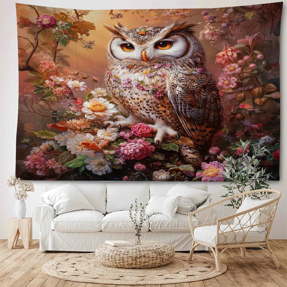 Home decor tapestry with colorful owl background perched on beautiful flowers and branches, psychedelic owl