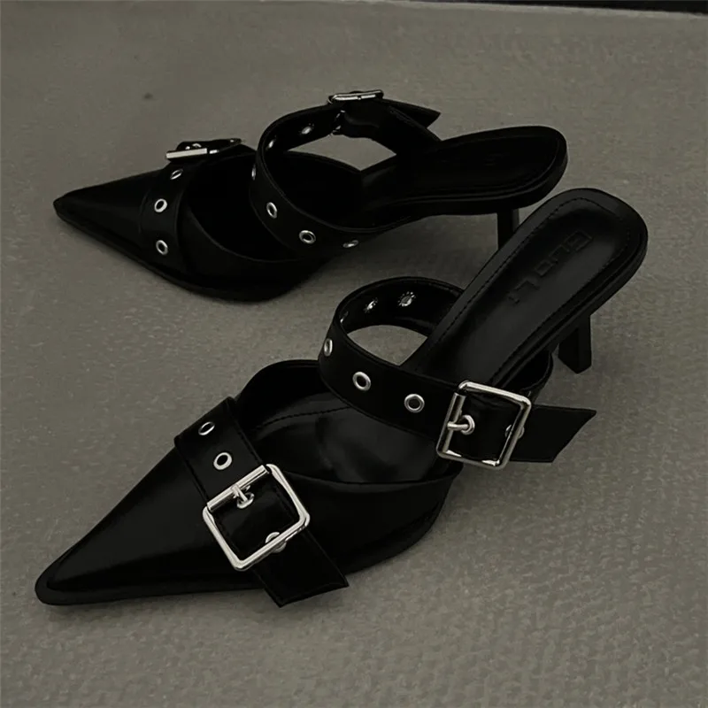 Punk Goth Metal Buckle High Heels Sandals Women Summer Pointed Toe Silver Party Shoes Woman Korean Style Thin Heels Sandals