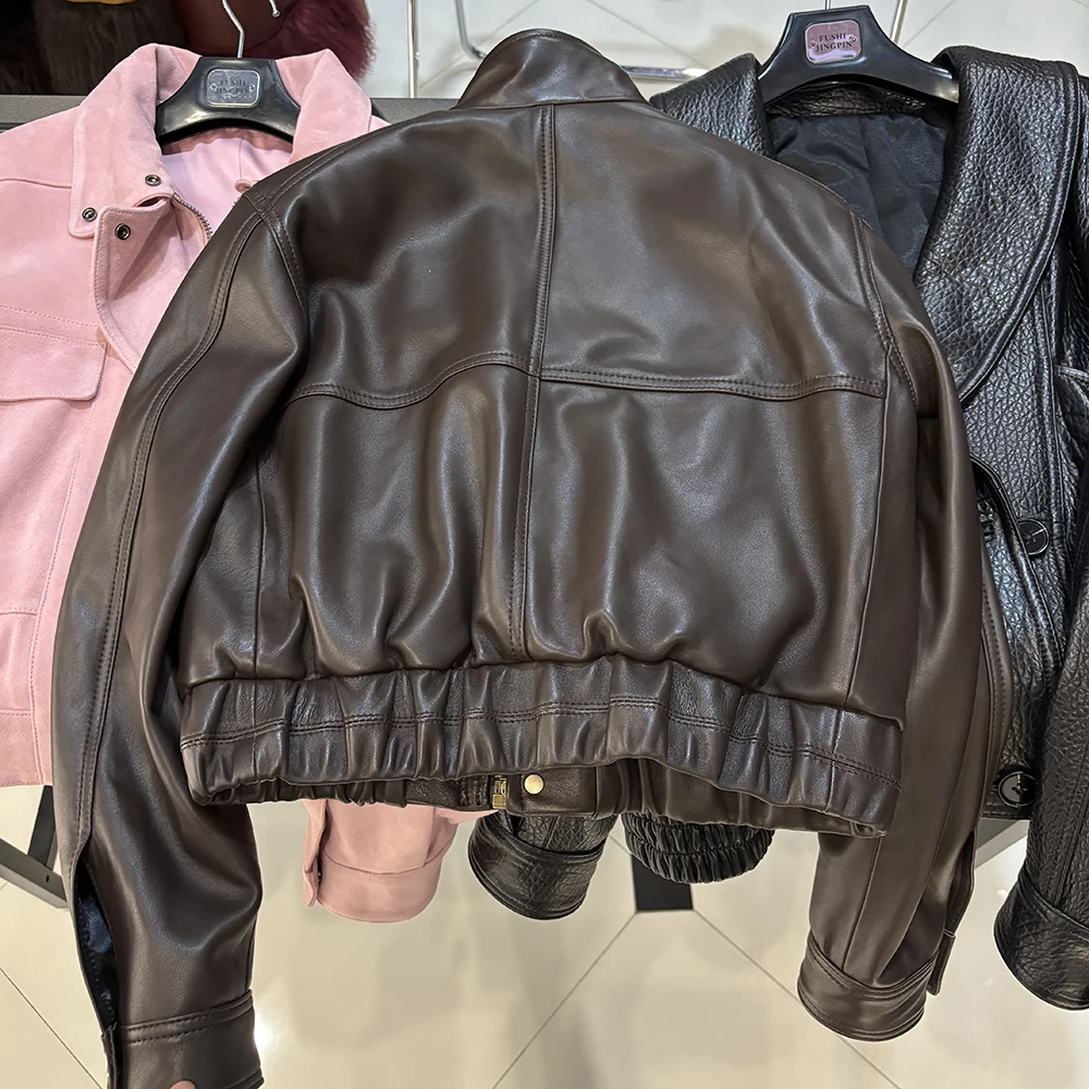 YOLOAgain 2026 Spring Short Suede Bomber Jacket Women Genuine Sheepskin Leather Jacket Ladies