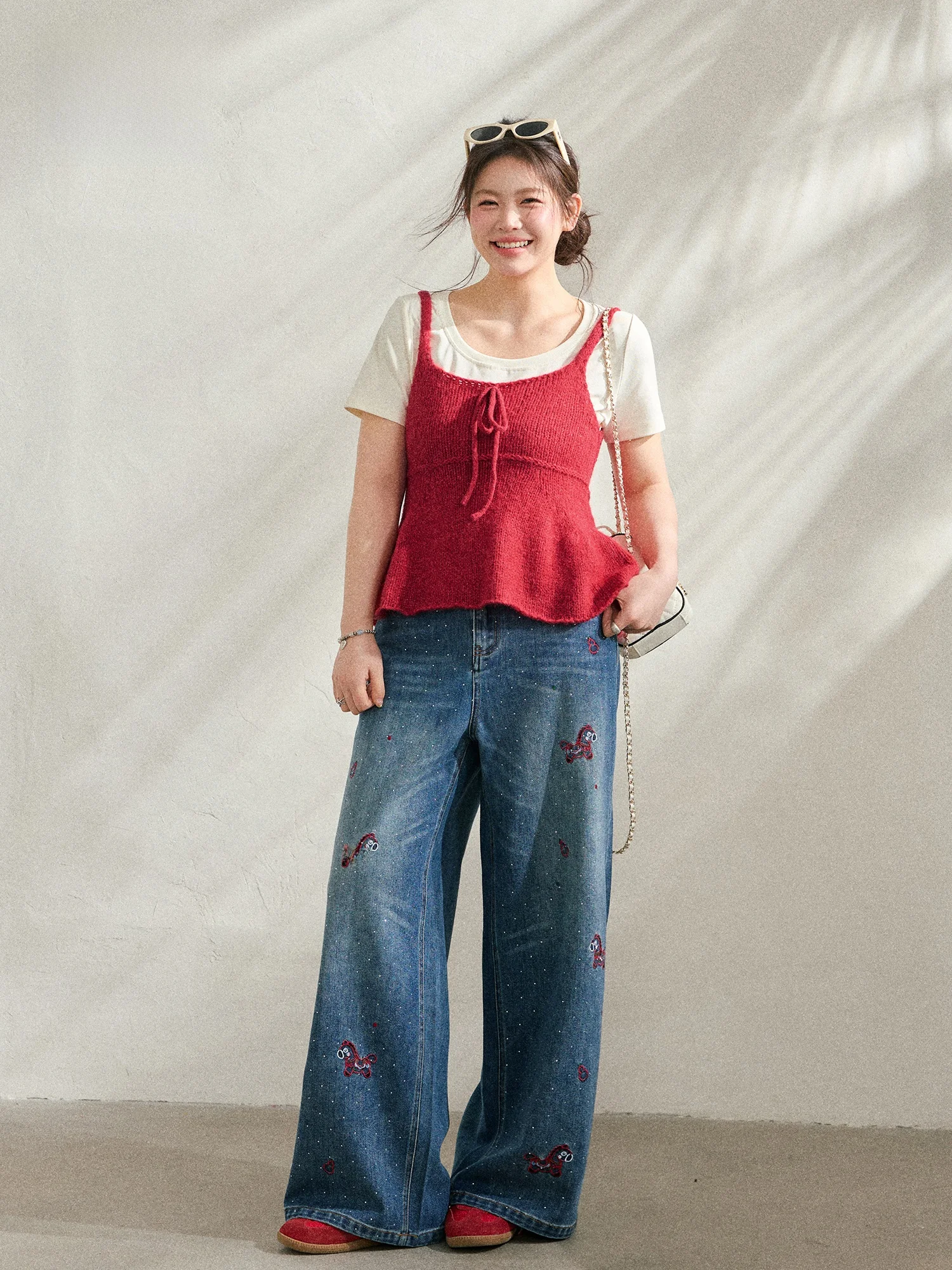 

plus Size Women's Korean Style Slimming Red Knit Embroidered Motif Denim Set High Waist Long Sleeve Spring Fashion