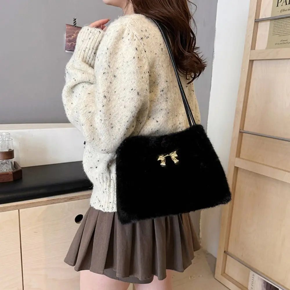 Cream Color Plush Bow Shoulder Bag Large Capacity Korean Style Vacation Tote Bag Office Worker Tote Solid Color Shoulder Bag