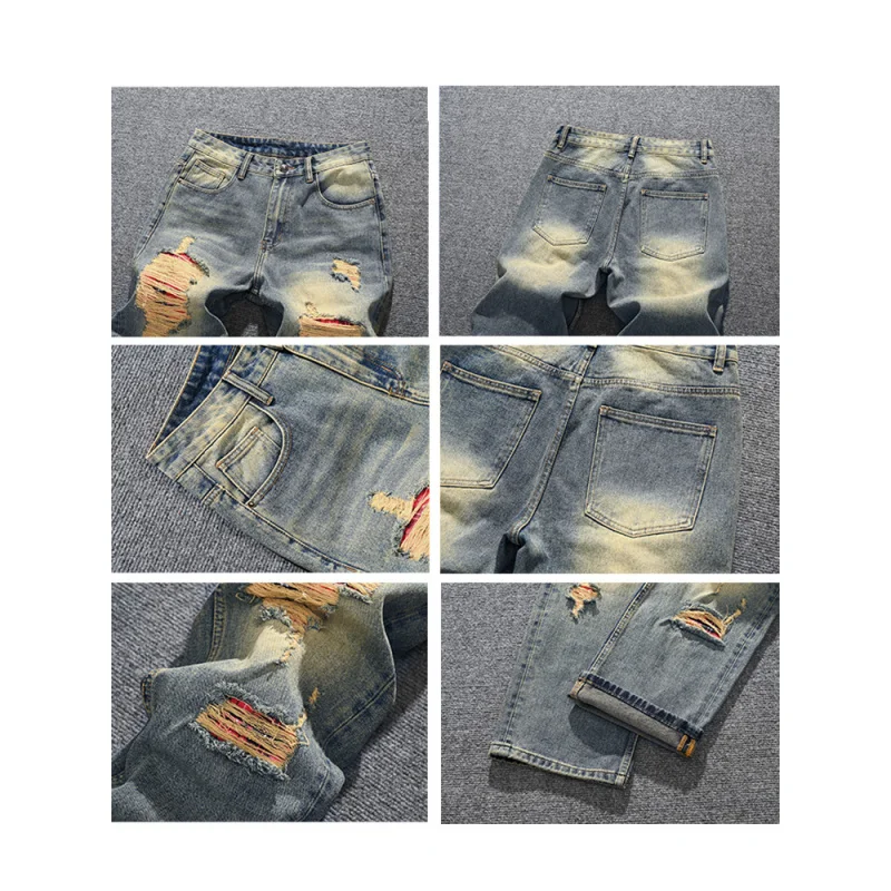 Jeans bonitos de rua para homens, retrô nostálgico, solto, tubo reto, remendo de piercing, feito de tecido jeans antigo, calças de pernas largas
