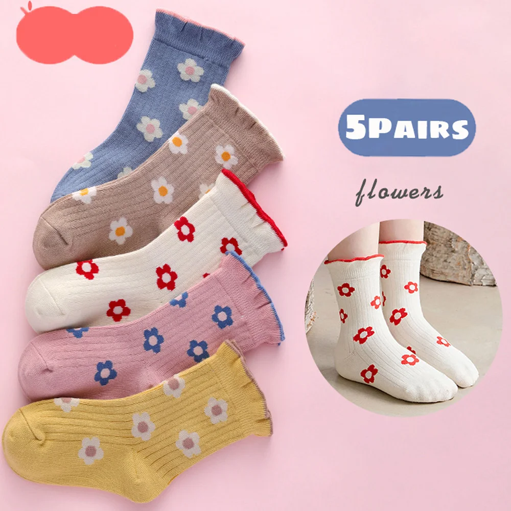 5 Pairs Children's Mixed Color All-season Cute and Trendy Wicking Socks,Cute Wave Edge Socks Breathable Princess Socks