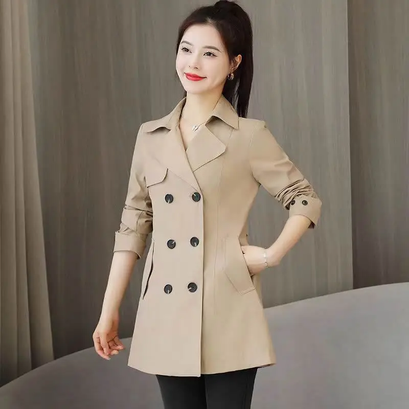 Elegant Double Breasted Trench Coat For Women Office Lady Style With Classic Lapel And Functional Pockets Spring Autumn Wear