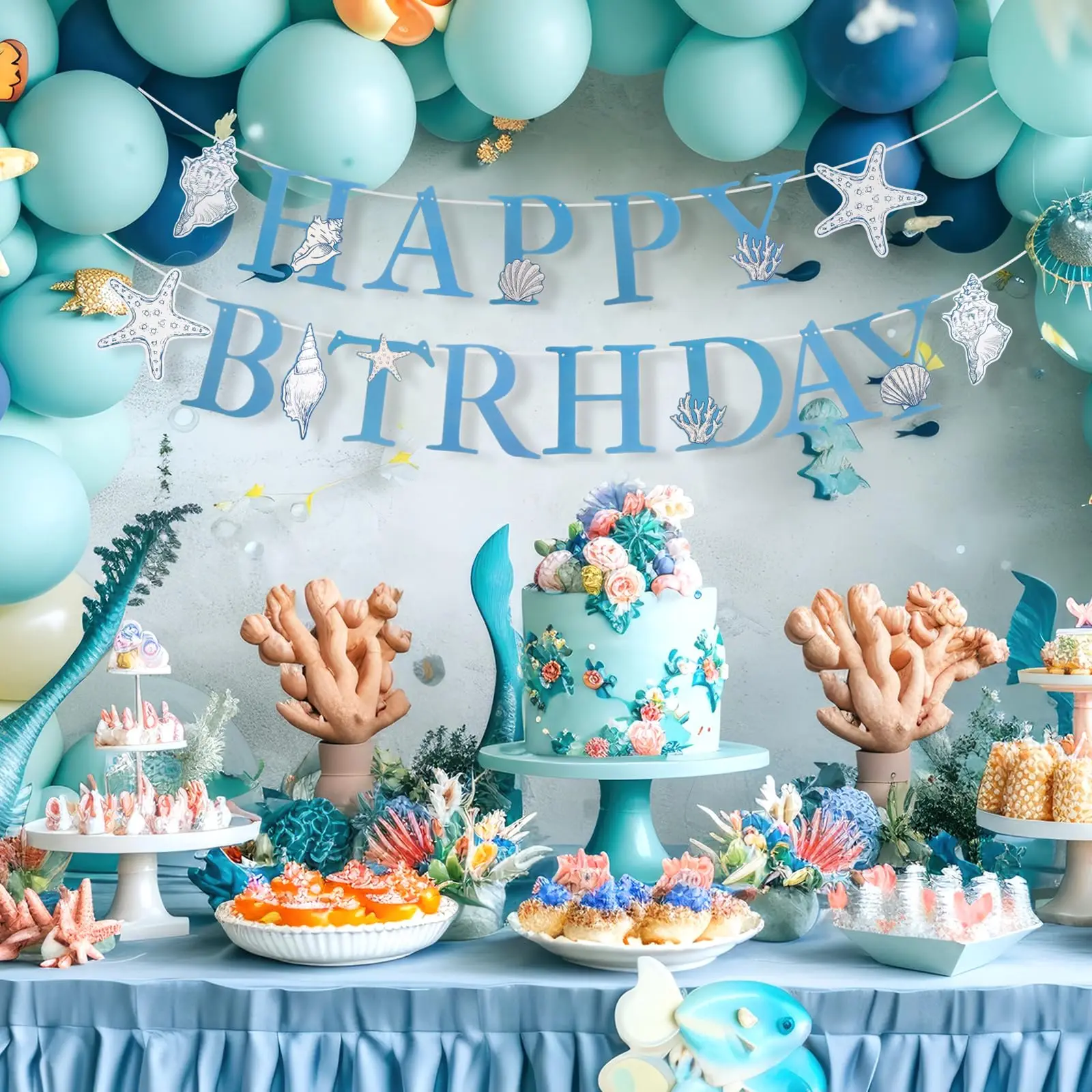 Elegant Ocean Mermaid Birthday Party Decorations Blue Bow Starfish Shell Coral Garland Banner Cake Topper Balloons Baby Shower view 4