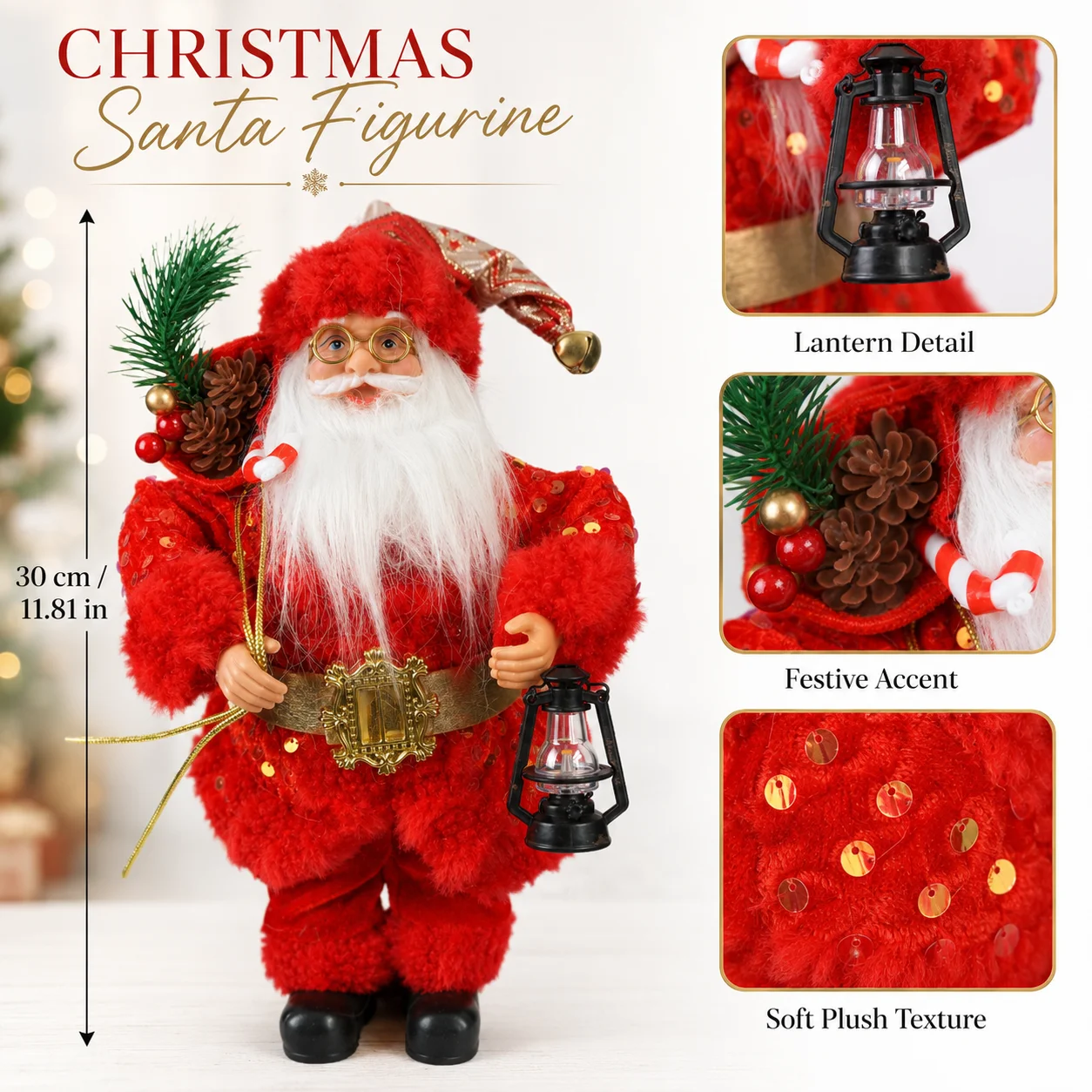 Christmas Santa Claus Figurine 30cm, Red Plush Santa Statue with Lantern Pinecone Decor, Holiday Tabletop Home Decoration