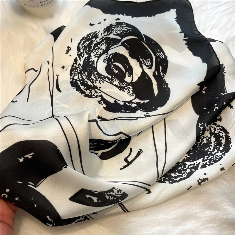 Luxury Design 70*70cm camellia Print Silk Square Scarf Women Soft Satin Hairband Neckerchief Office Hijab Headband Foulard Gift