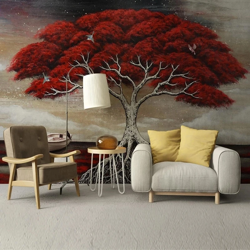 Custom Mural 3D Hand Painted Oil Painting Red Big Tree Bedroom Wallpaper Living room sofa TV background restaurant study Hotel