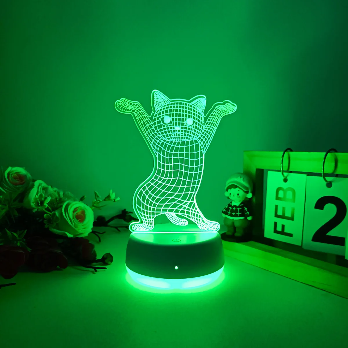 1pc Creative Cute Hand up Kitten 3D Seven Color Gradient Night Light, USB Powered Luminous Base, A Good Ideal Gift.