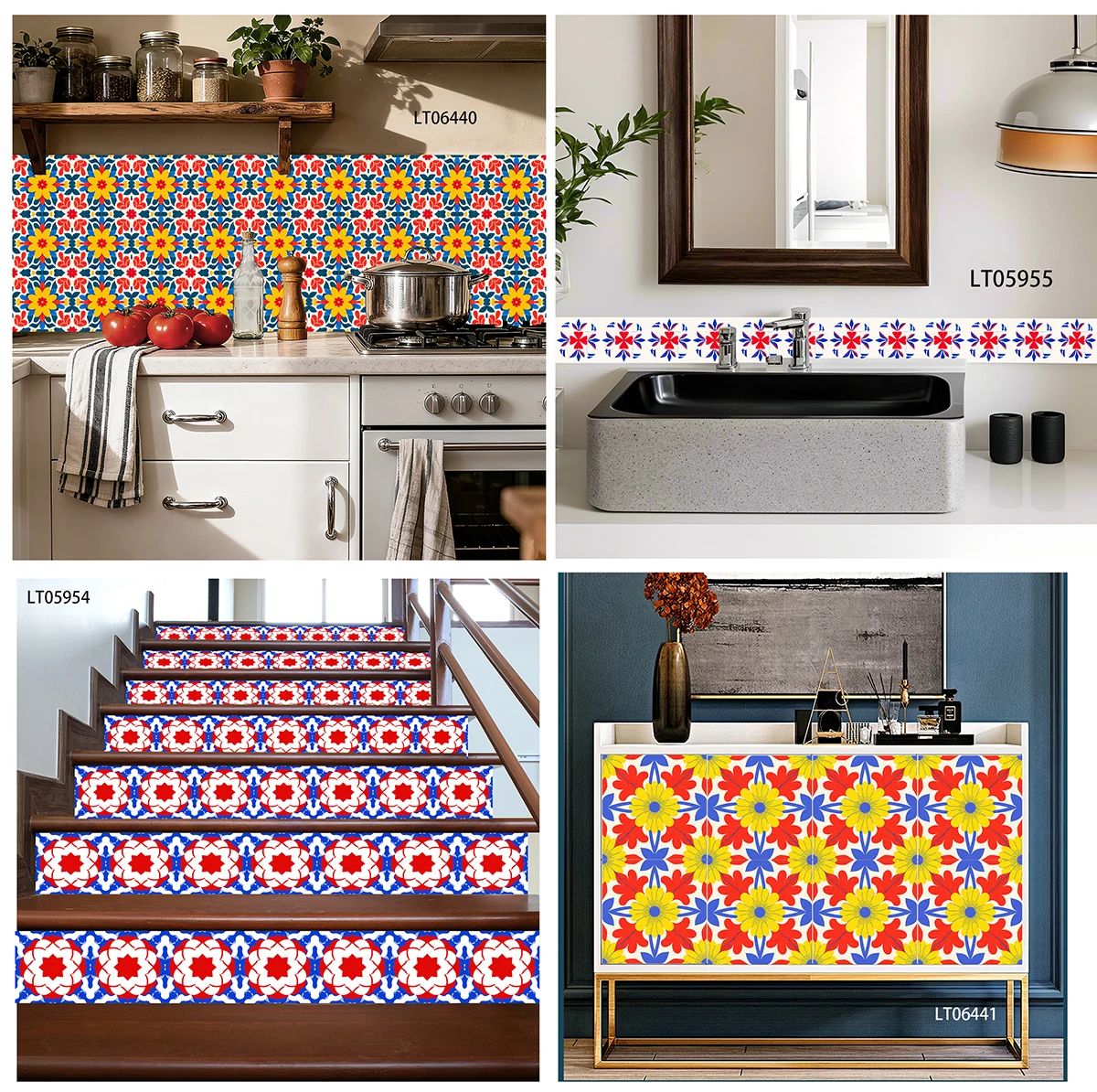 Red Blue Floral Tile Stickers Self Adhesive Waterproof Removable Wall Decals for Kitchen Cabinet Stair Riser Skirting Home Decor
