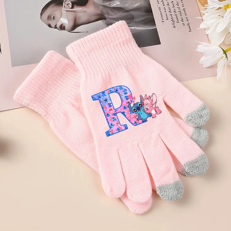 Stitch Angel Cute Gloves Girls Disney Anime Letter A-Z Screen Gloved Kids Winter Warm Fashion Accessories Children Birthday Gift