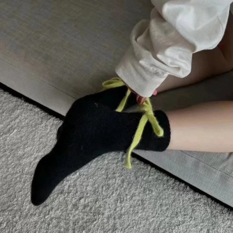 Autumn Winter Rabbit Wool Socks Kawai Bow Women Fleece Thickened Cotton Mid-tube Sock Korean Three-dimensional Jewelry Stockings