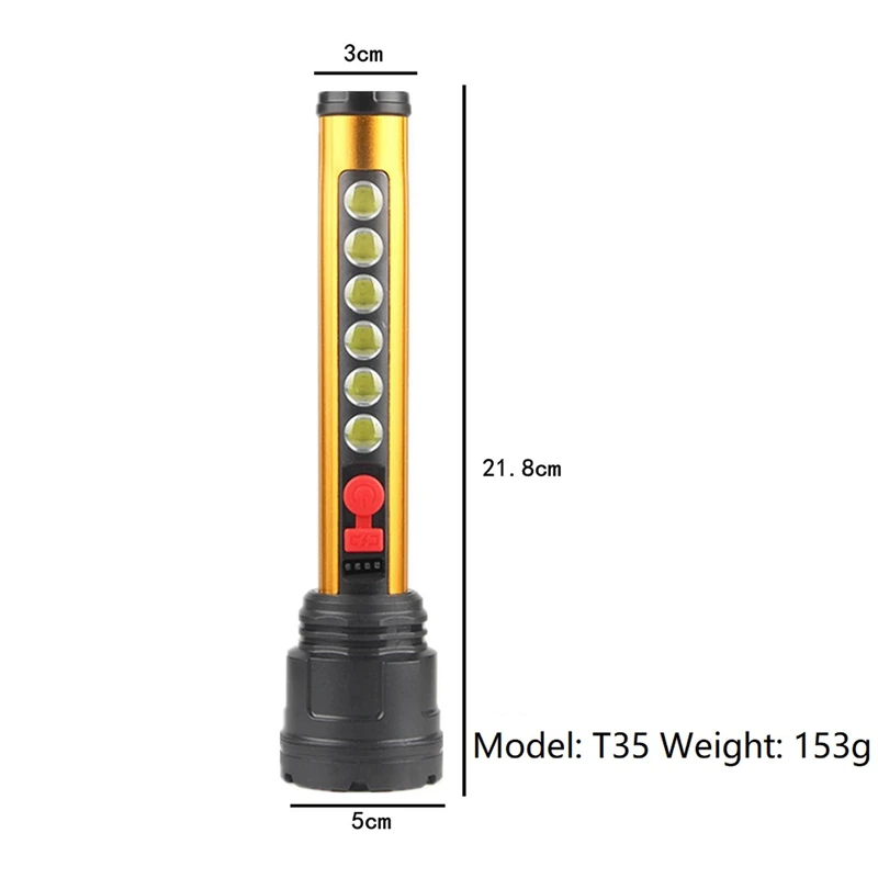 Linterna de carga USB con pantalla de alimentación, lámpara lateral Cob, reflector remoto para exteriores, Camping