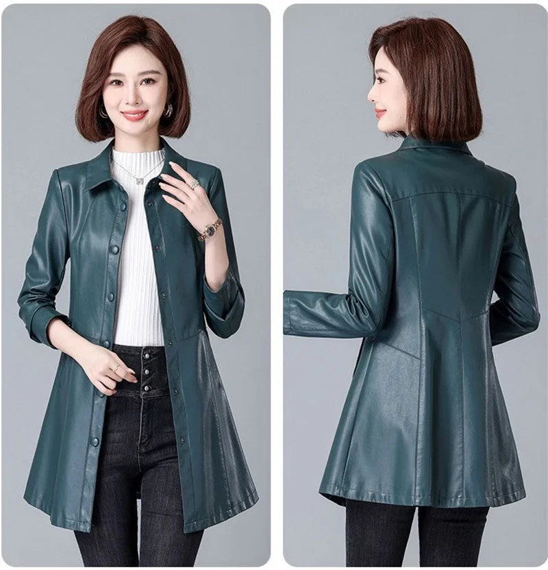 

Women Leather Sheepskin Trench Coat Autumn Winter Fashion Turn Down Collar Button Slim Medium-Long Leather Jacket Split Leather