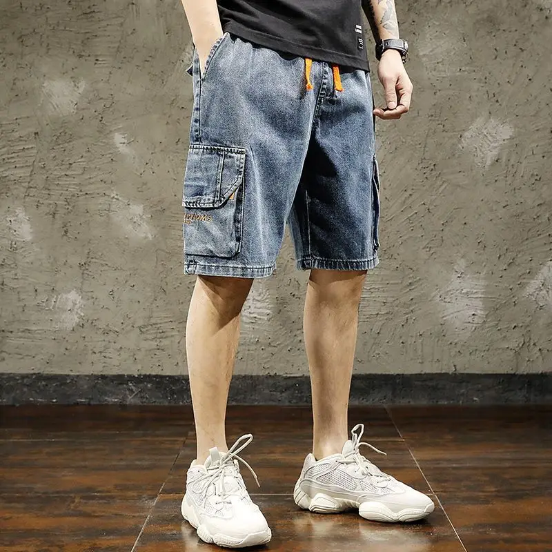Elastic Waist Denim Shorts Men's 2025 New Loose Large Size Trendy Brand Drawstring Summer Black Cargo Tooling Five-point Pants