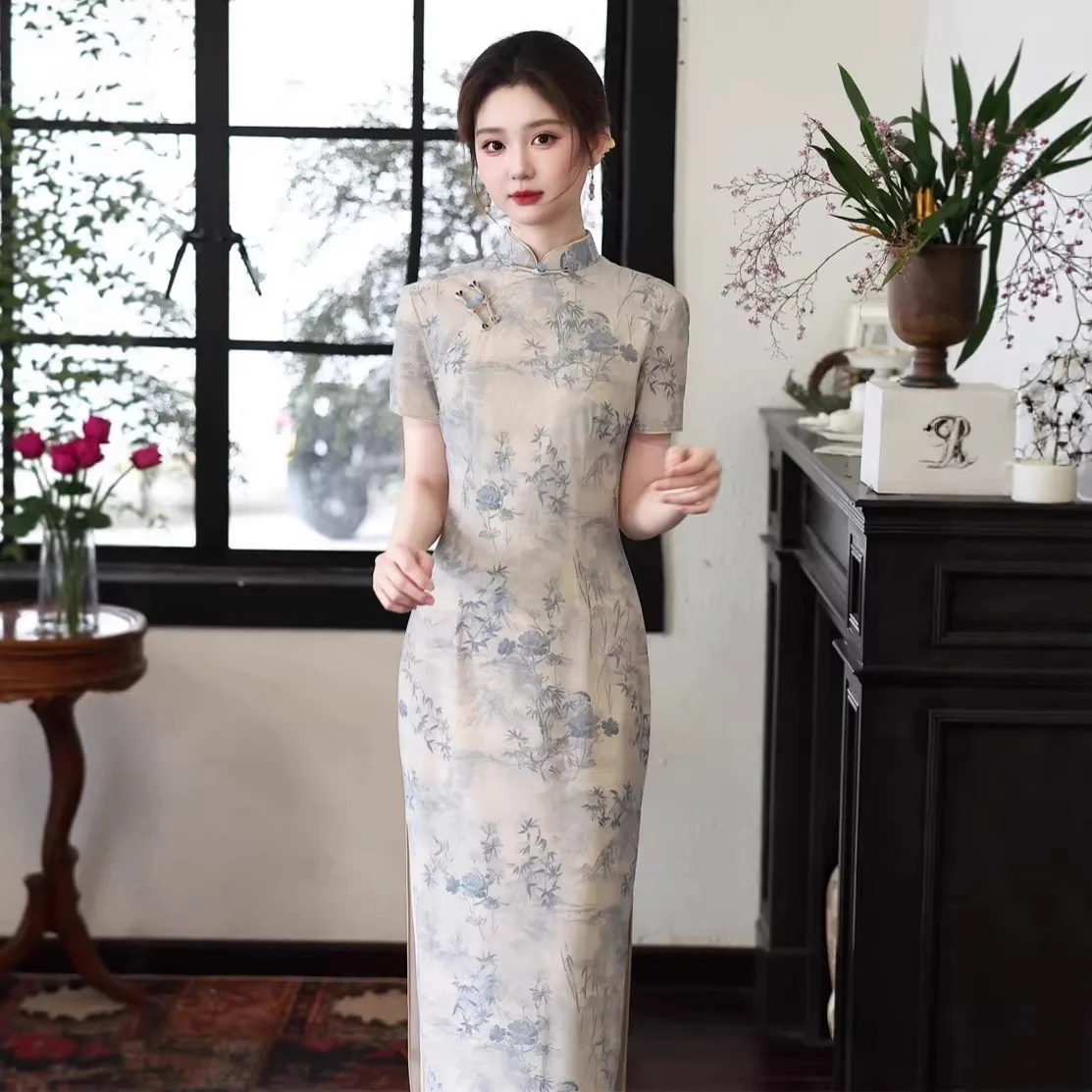 Yourqipao Summer Chinese-style Ink Painting Mesh Double-layer Long Cheongsam Short-sleeved Slimming Qipao Dress for Women