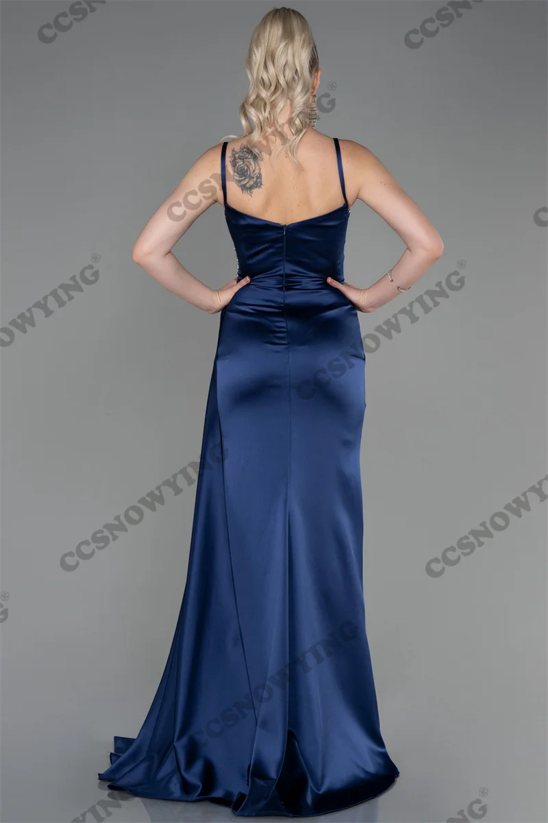 Vestido De graduación De sirena con cuentas De satén para mujer, vestido De fiesta De noche Formal con tirantes finos, vestido De fiesta con abertura lateral, caftán