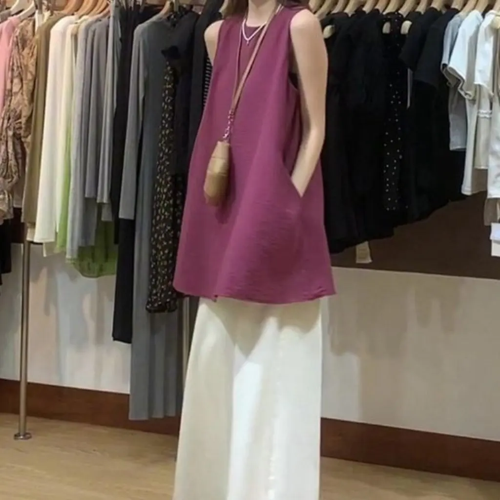 

Женская рубашка без рукавов с воротником-халтер в стиле ретро, летняя элитная элегантная свободная жилетка с круглым вырезом, топ для маленьких людей