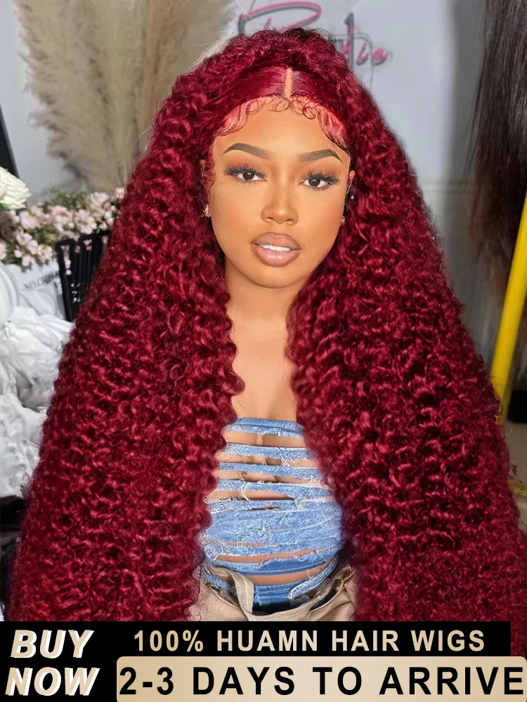 

30 40 Inch 200 Density 99J Burgundy Water Curly 13x5 Lace Frontal Wig Red Colored Deep Wave 13x6 HD Lace Front Human Hair Wigs