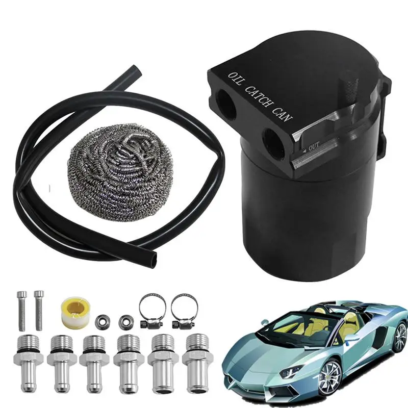 Universal Racing Baffled Aluminum Oil Catch Can Tank 2-Port Reservoir With Drain Valve Breather Cylinder Filter Kit