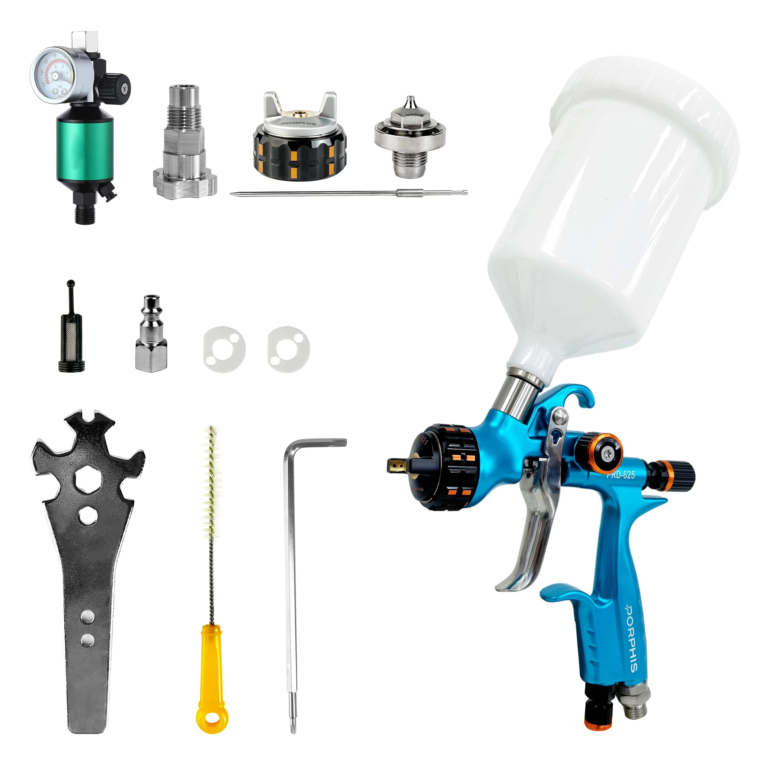 Original PORPHIS MP PRD-625 Professional Paint Gun with 627 Needle&Nozzle Kit&2-IN-1 Filter Automotive Spray Gun Complete Kit
