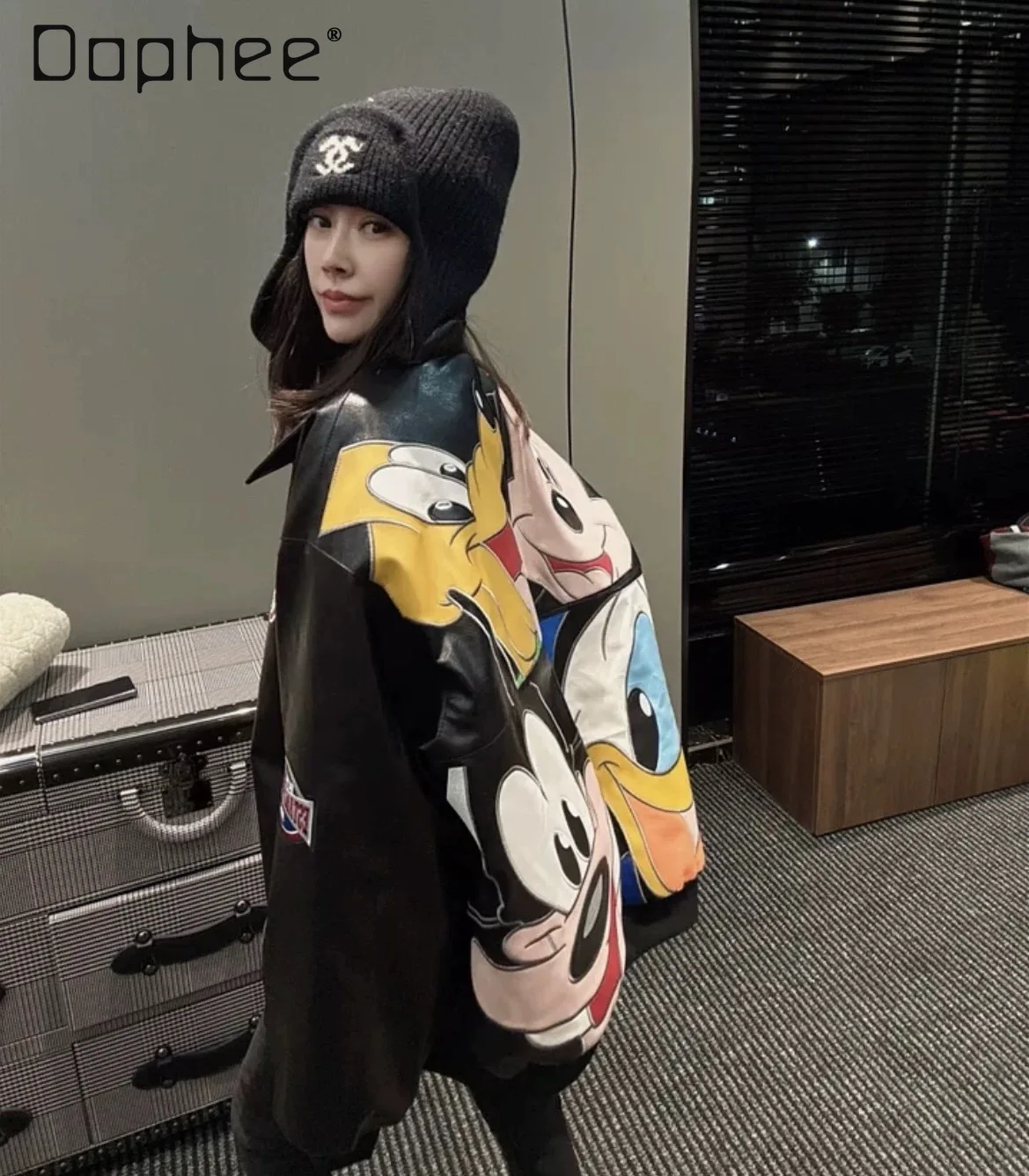 

Trendy Cartoon Embroidery Jacket Motorcycle Leather Jacket for Women 2025 Spring Autumn Loose Color Block Baseball Jacket Coat