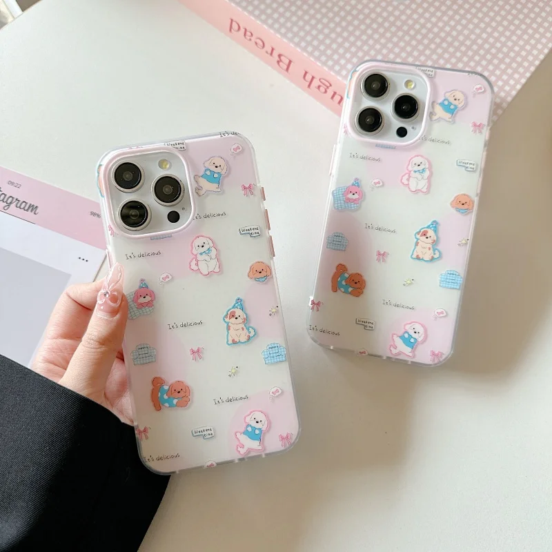 INS Korean Cartoon Cute Dog Puppy Ribbon Bow Letter Gradient Phone Case For iPhone 16 15 14 13 12 Pro Max Shockproof Back Cover