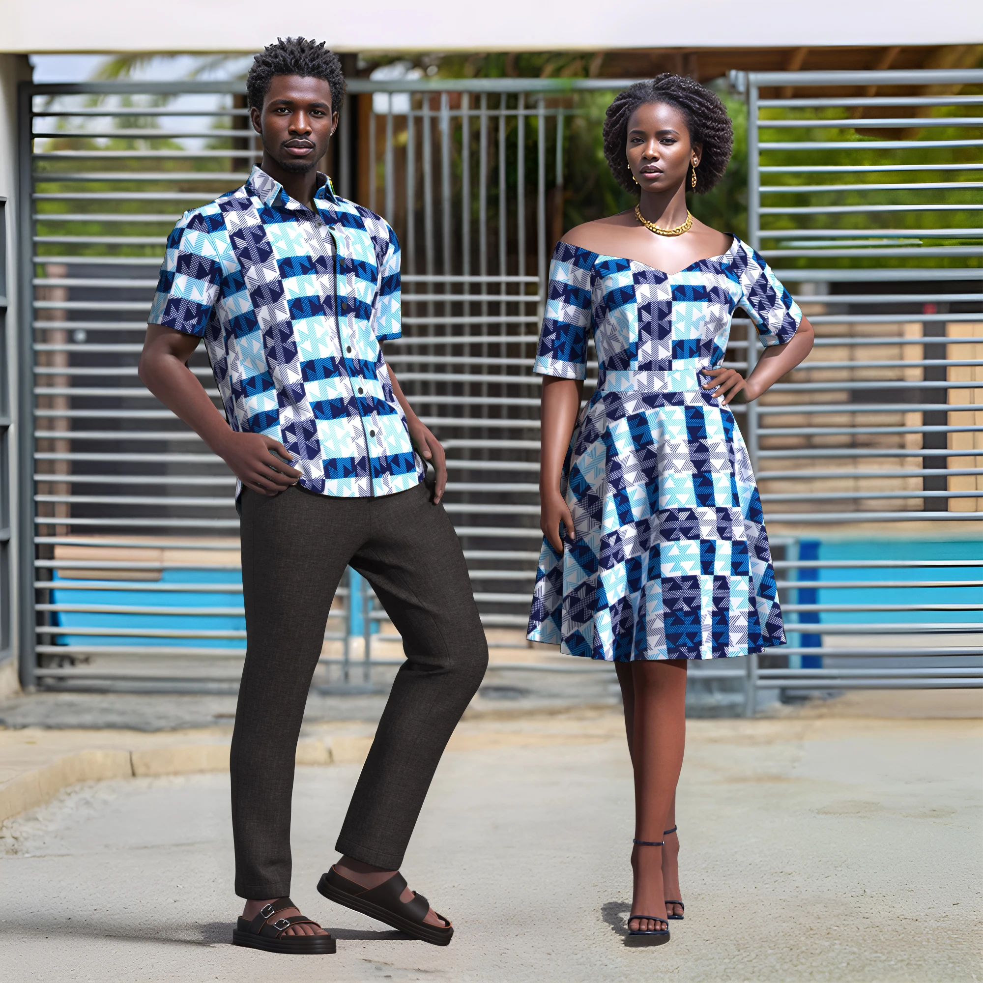 

African Couples Set Wax Print Off Shoulder Dress and Shirt Afrocentric Batik Matching Outfits for Valentine's Day Gift WYQ1101