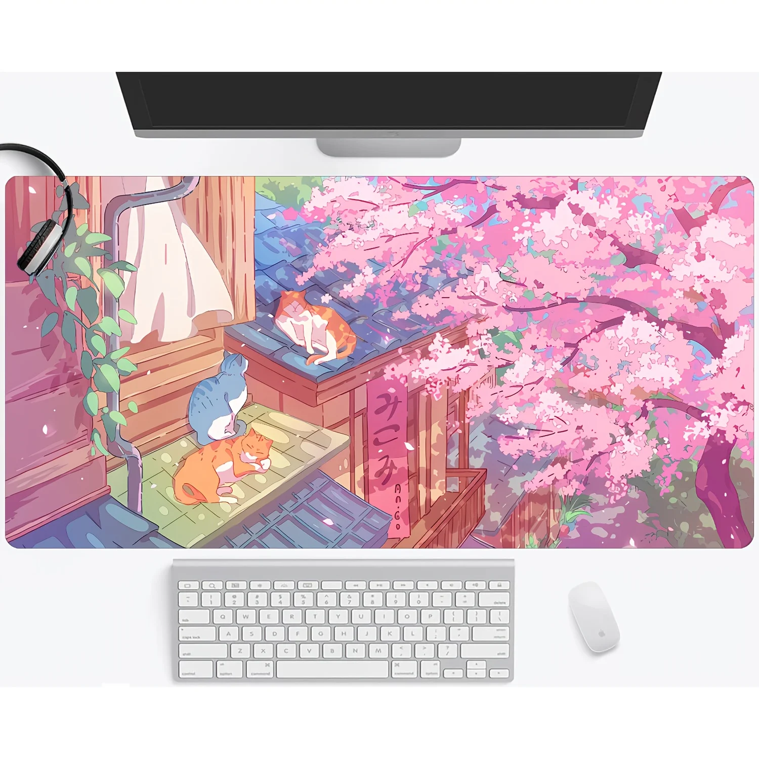 

Pink Cherry Blossom Anime Cute Cat Mouse Pad Large Rubber Non-slip Desk Accessories Mousepad for Office&Gamer Keyboard Decor Mat