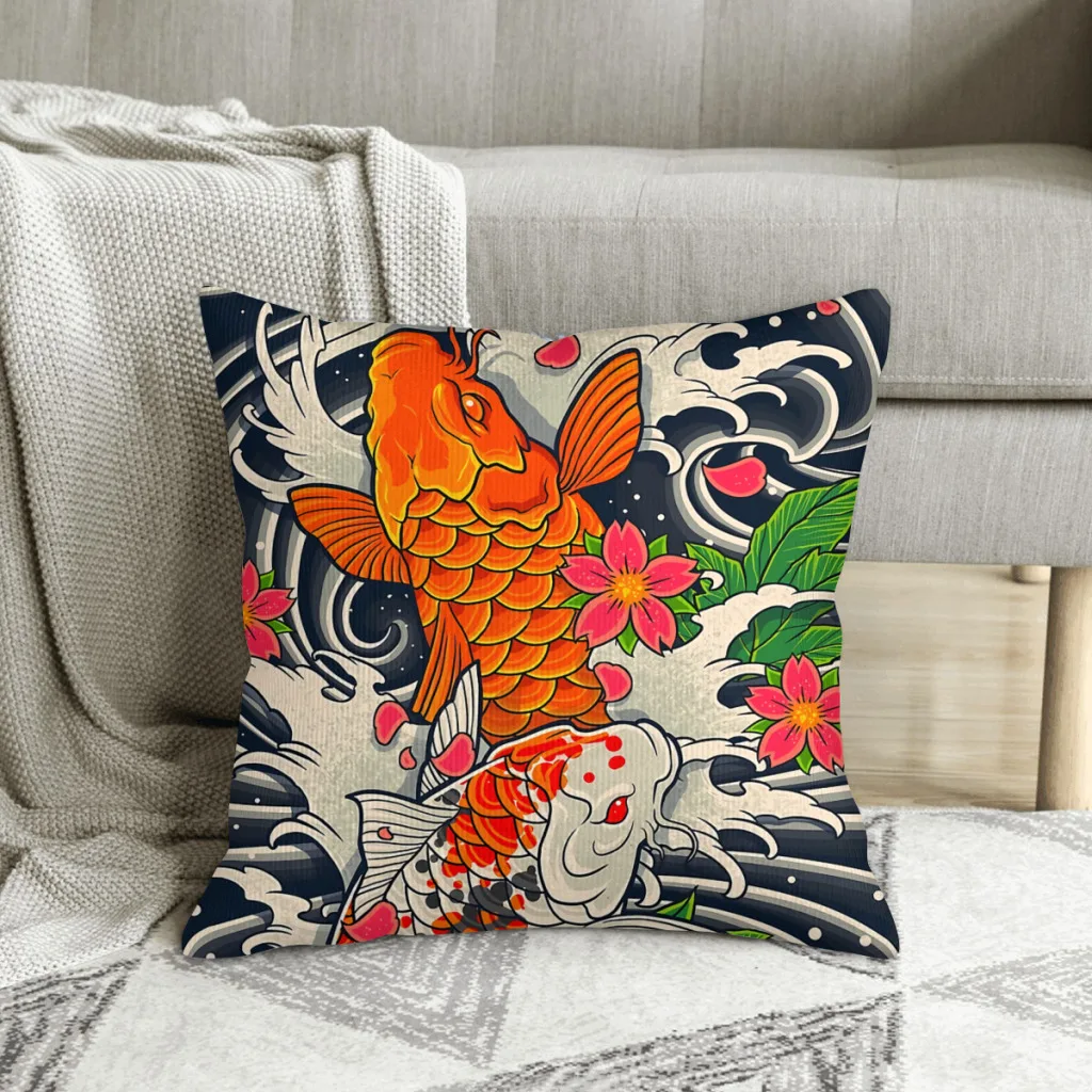 Koi Fish Pond Japanese Style Art Polyester Cushion Cover For Home Garden Decorative Breathable Coussincase