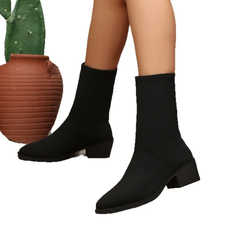 Large size slim women's mid heeled short boots spring autumn knitted women's single boots pointed toe thick heels women's shoes view 5