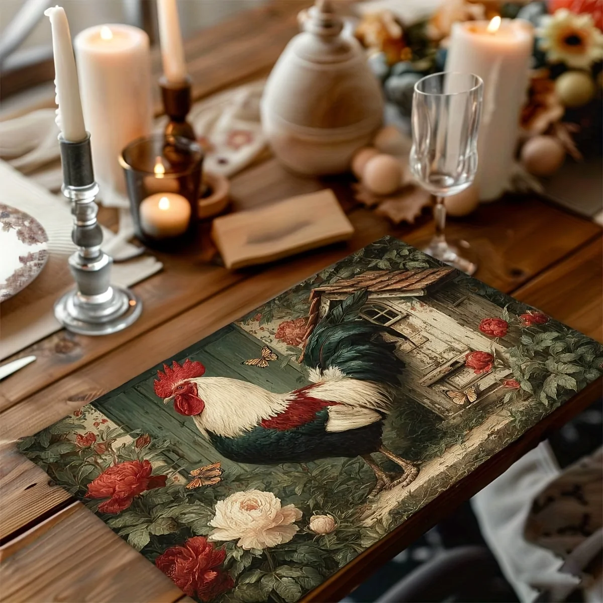4/6/8pcs Linen Placemat Set Of 4 Vintage Rooster And Rose Garden Design Country Style Table Mat For Kitchen