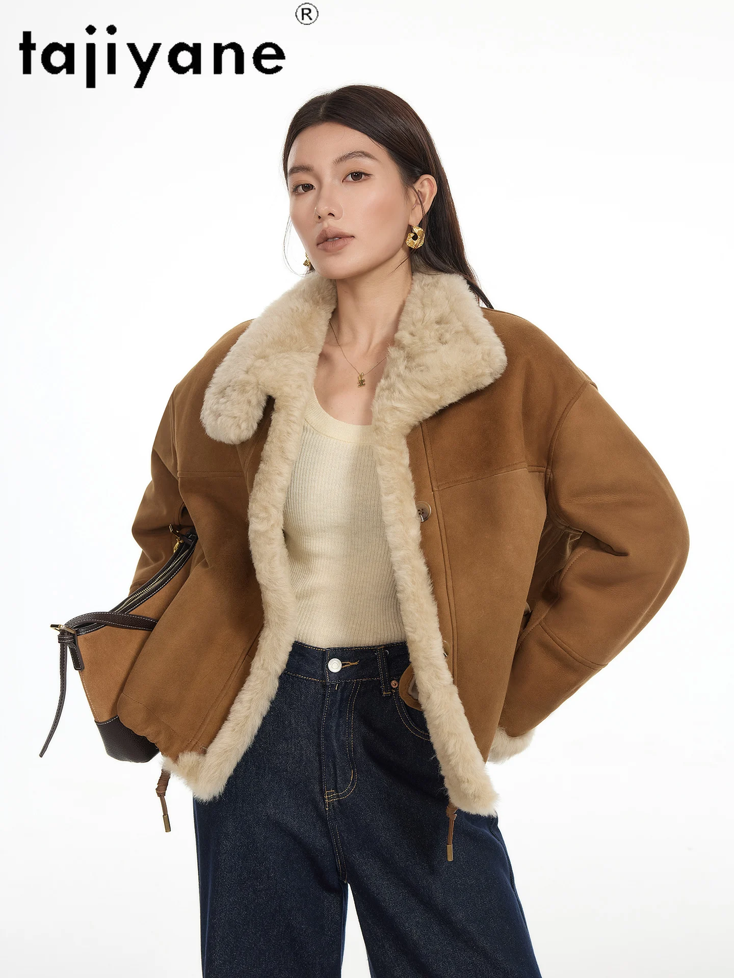TAJIYANE Natürliches Merino-Schaffell mit angebrachtem Wolljacken, Stehkragen, Echtpelzjacke, Damenbekleidung, 2025, Winter-Oberbekleidung
