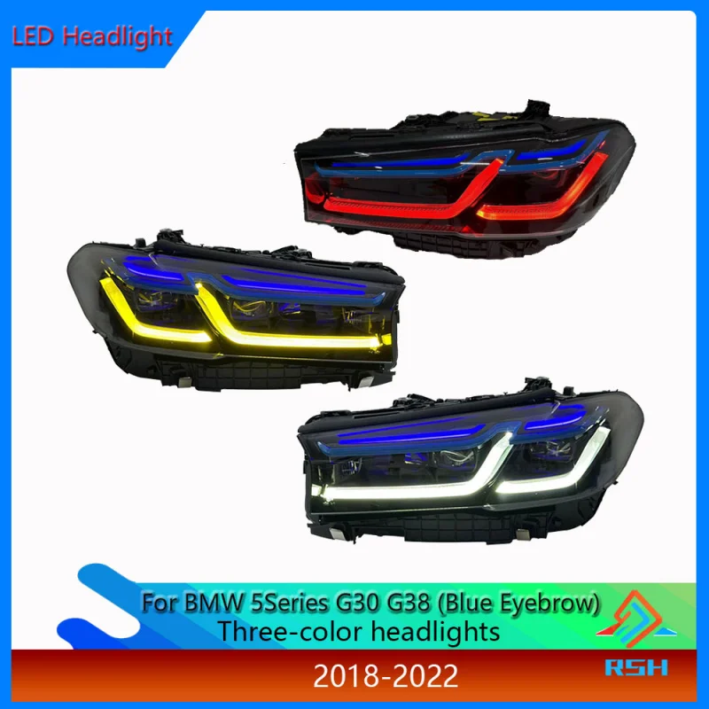 Blue Eyebrow Headlights For BMW 5 Series G30 G38 M5 Models 2018-2022  Featuring High-End Laser Three-Color Head Light Assemblies