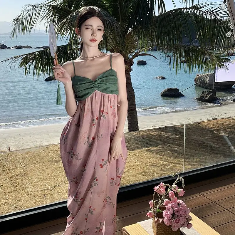 

Korean Fashion Sweet Dress Summer New Dopamine Wearing Style Waist Closing Long Holiday Style Sling Dress Female Clothing