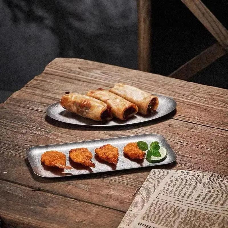 Retro Stainless Steel Oval Snack Tray BPA Free Shallow Pastry Plate Durable Serving Platter for Home Party Cafe Dessert Serving