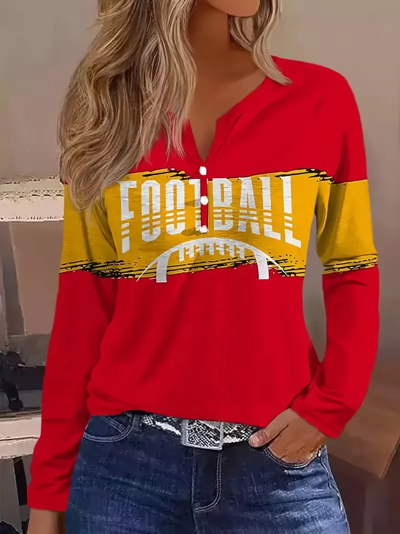 

Women's Spring and Autumn Rugby Color Block Button Open Collar Long Sleeve T-shirt