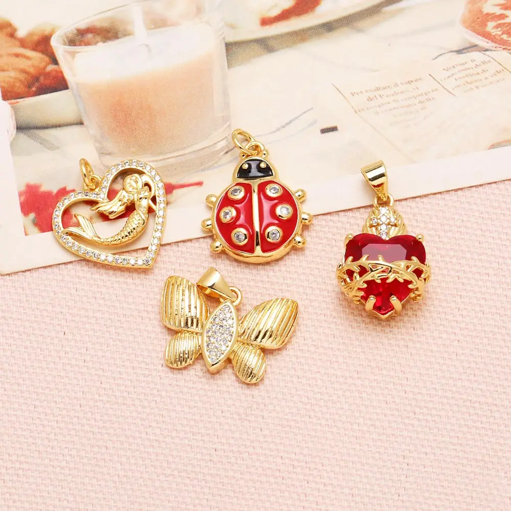 OCESRIO White Crystal Red Enamel Ladybug Pendant for Necklace Copper Gold Plated Butterfly Jewelry Making Supplies pdta449