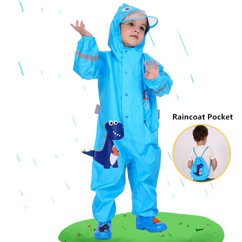 1-10 Years Old Children Raincoat Kids Boys Girls Waterproof Jumpsuit Hooded One-Piece Cartoon Dinosaur Waterproof Baby Suit