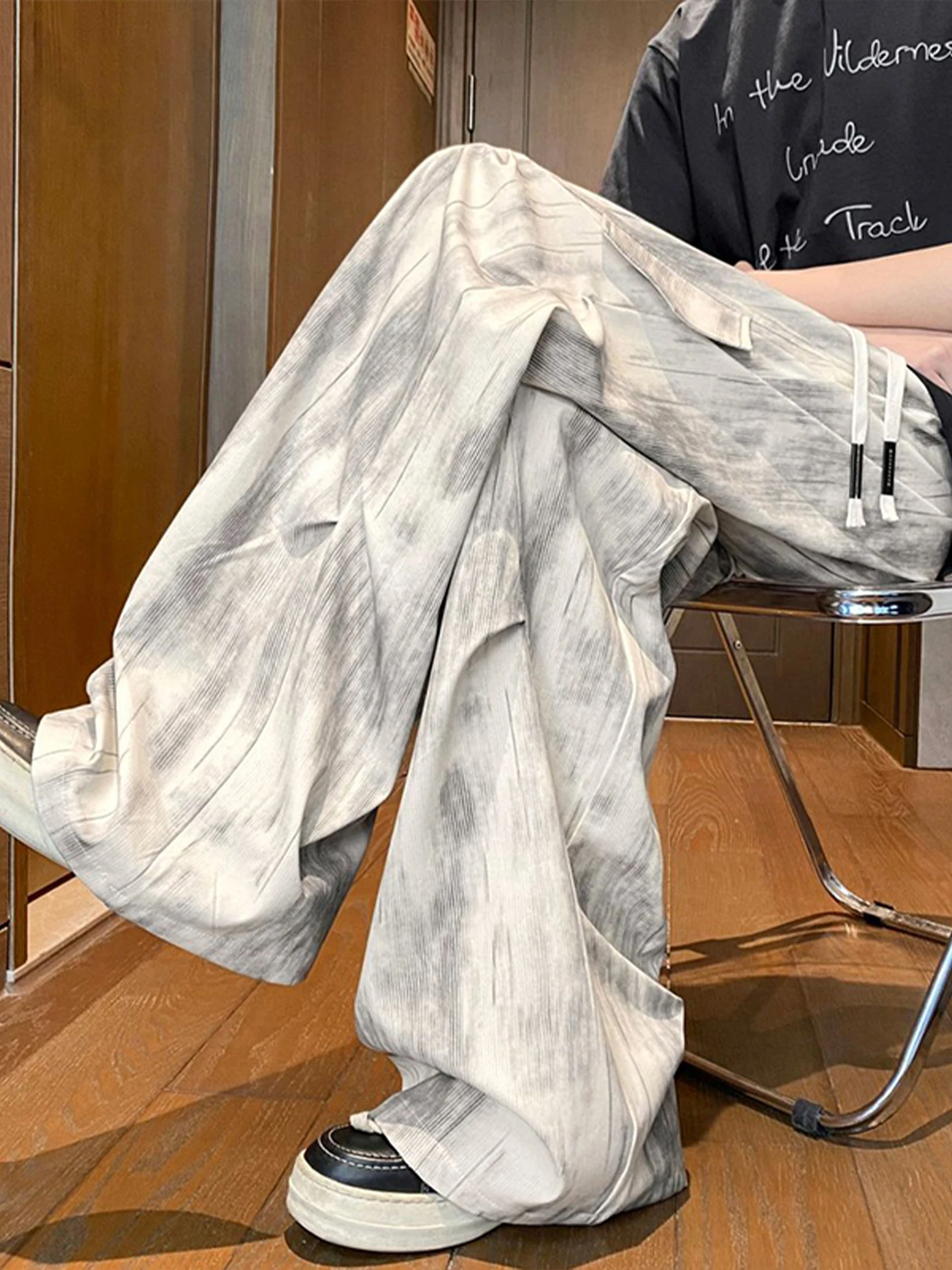 

Мужские свободные брюки с широкими штанинами из ледяного шелка, с эффектом тай-дай, драпированные, в американском стиле, весна-лето, свободные брюки-карго