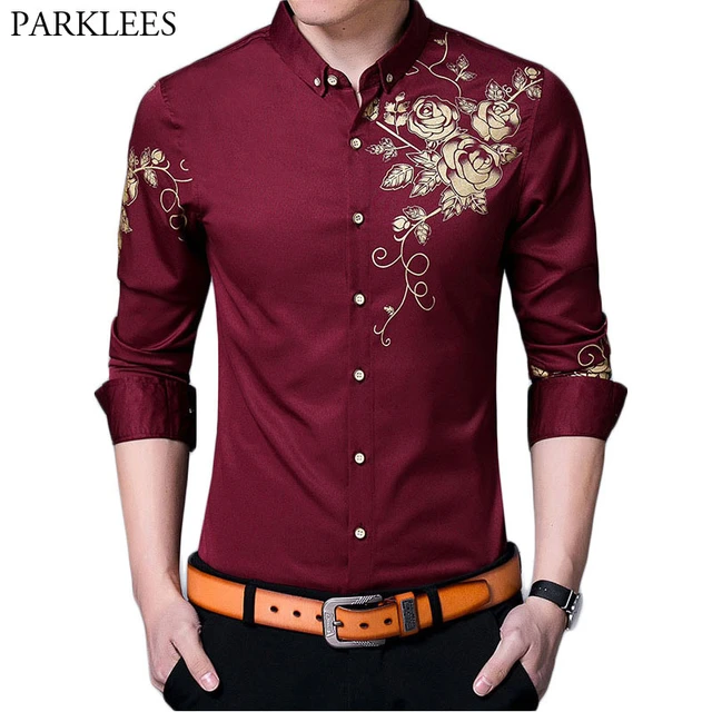 Brand Wine Red Mens Dress Shirts 2022 Fashion Golden Rose Flower Print Button Down Shirt Men Slim Fit Long Sleeve Chemise Homme AliExpress 200000343