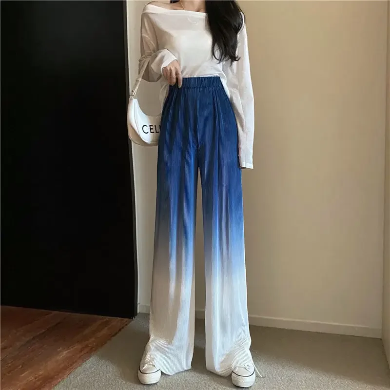 Black Straight Leg Women\'s Pants Elastic Waist High Gradient Clothing Blue Trousers for Woman Long Korean Fashion Autumn Nylon G