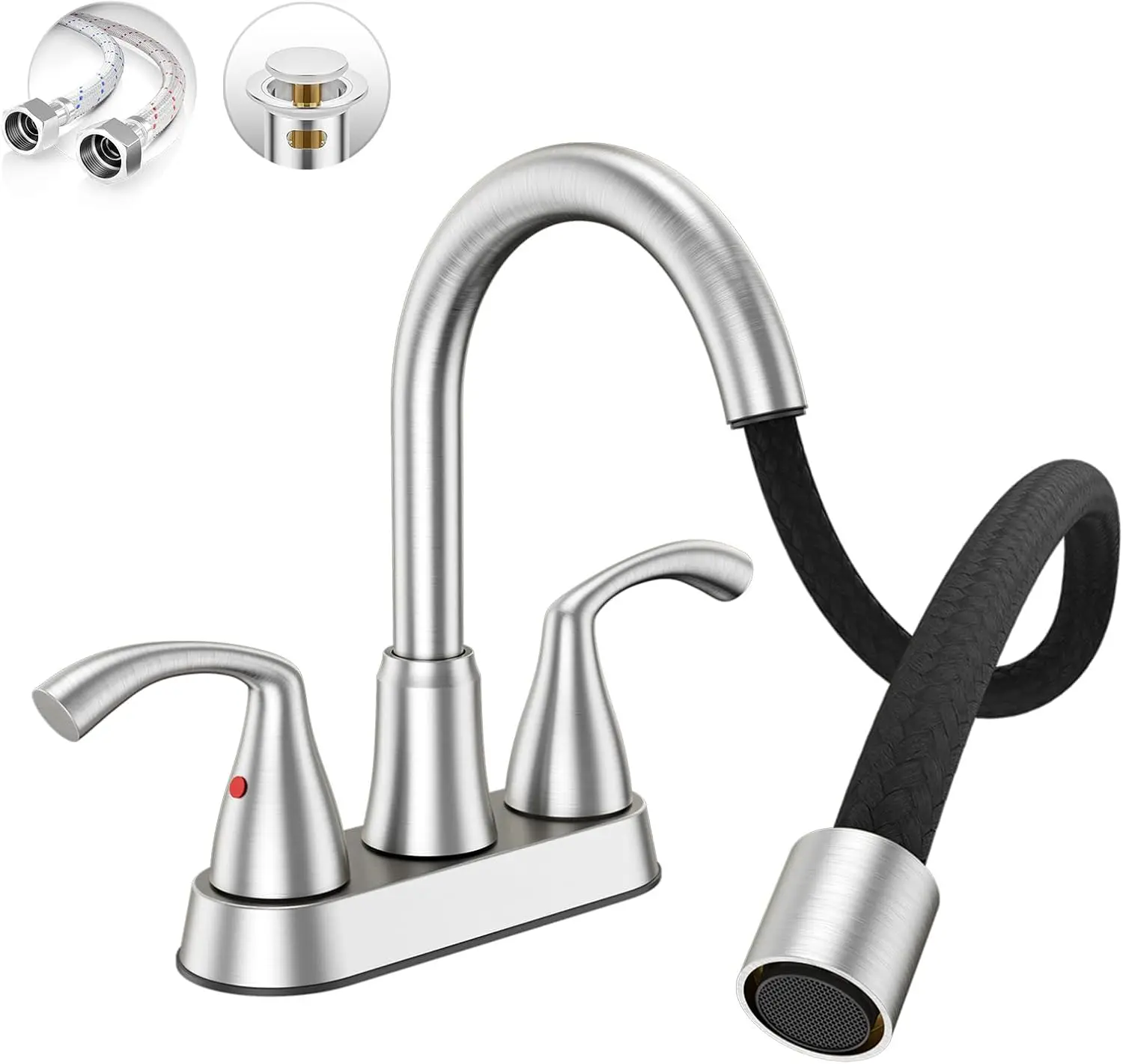 

4 Inch Brushed Nickel Centerset Faucet with Pull-Out Sprayer, Metal Pop-Up Drain, for 3-Hole Sink